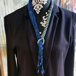 Heidi Daus Long Iridescent Blue Swarovski Crystal Tassel Lariat Necklace